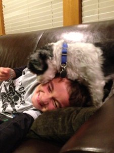 Mom! The dog won't stop licking me!